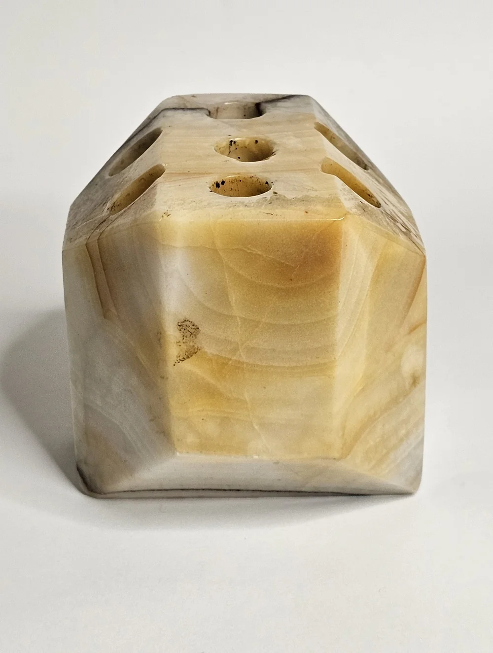 Vtg Hand Carved Banded Onyx Stone Desktop Pen Pencil Holder MCM Art Paperweight